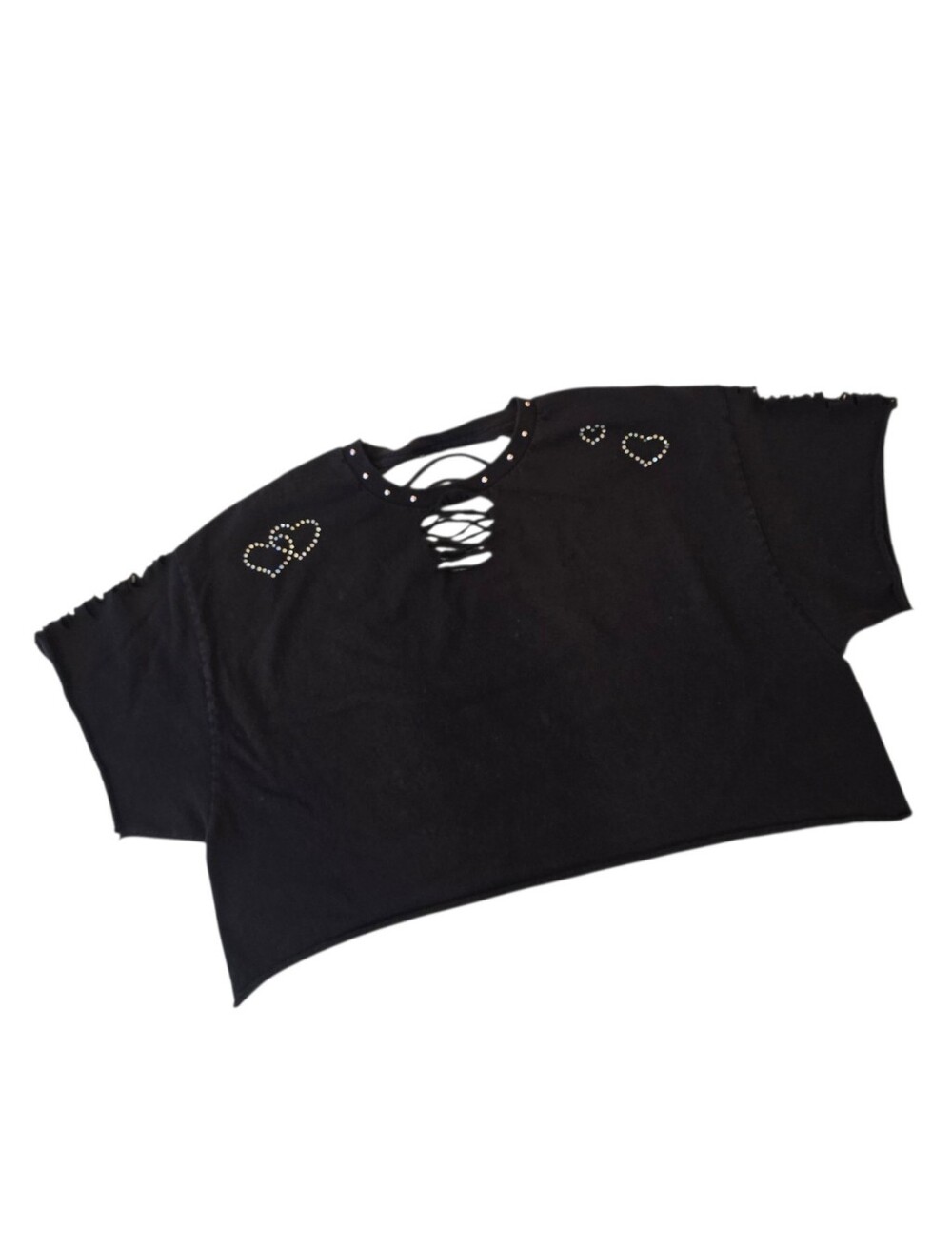 Upcycled Slashed Black Crop Tee Studded Collar & Hearts Rhinestones